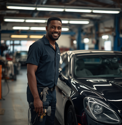 Mechanic standing by a car